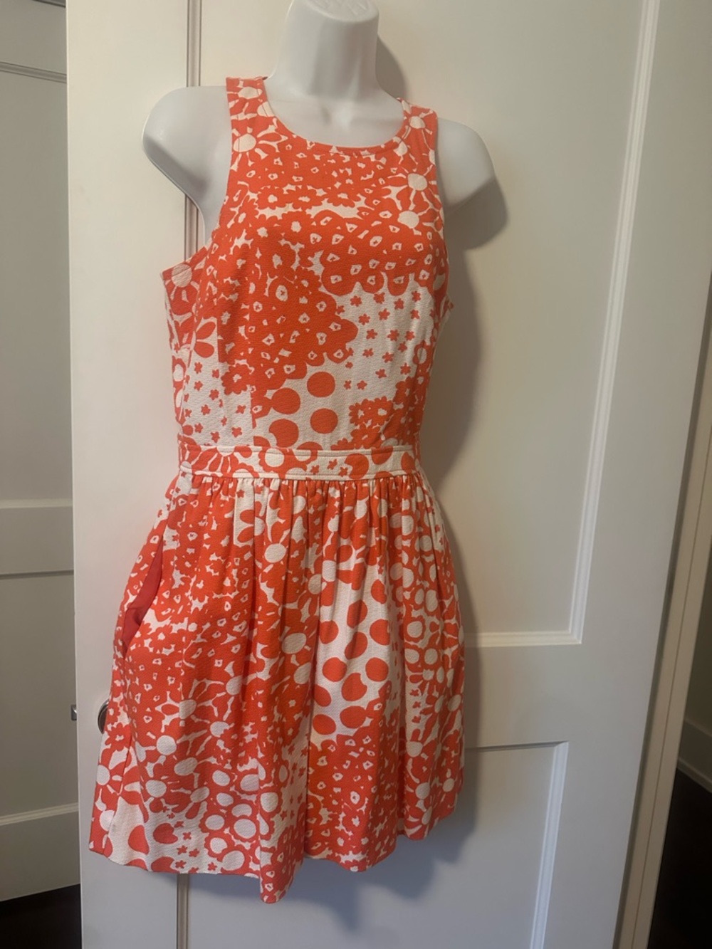 Trina Turk Orange and White Printed Sleeveless Mini Dress